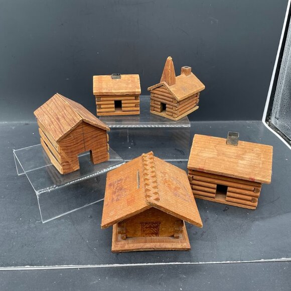 Lot of 5 Vintage Miniature Log Cabins Houses Church Incense Burners Banks - Picture 1 of 9